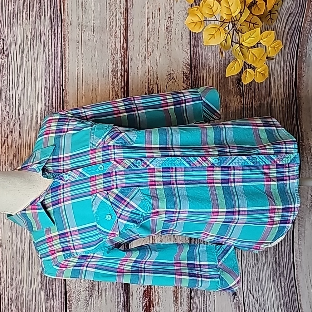 NEW SONOMA TEAL PLAID 3/4 ROLL-TAB SLEEVE BUTTON-UP TOP